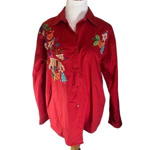 Red Christmas Embroidered Button Up Shirt Festive Holiday Novelty‎ Women's L
